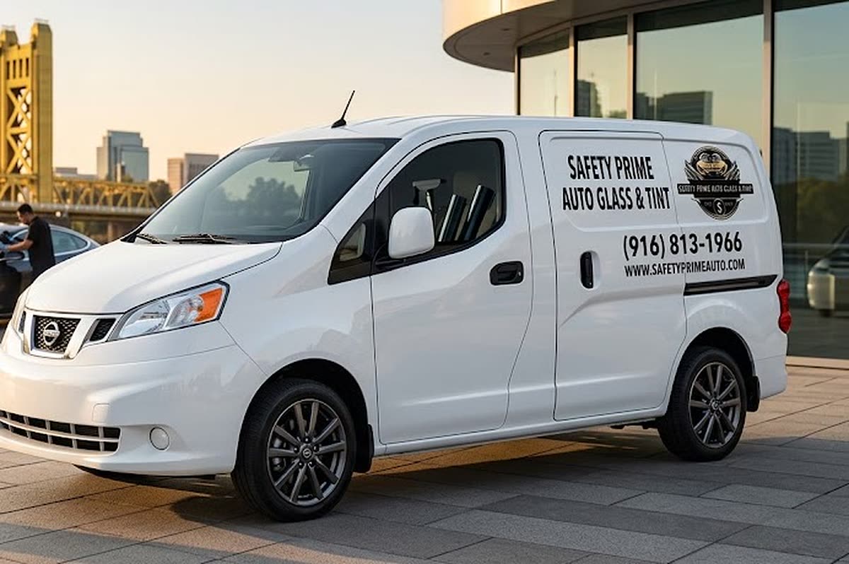 The Safety Prime Auto Glass and Tint mobile service van, marked with (916) 813-1966, parked by Tower Bridge in Sacramento while a technician works on a customer car